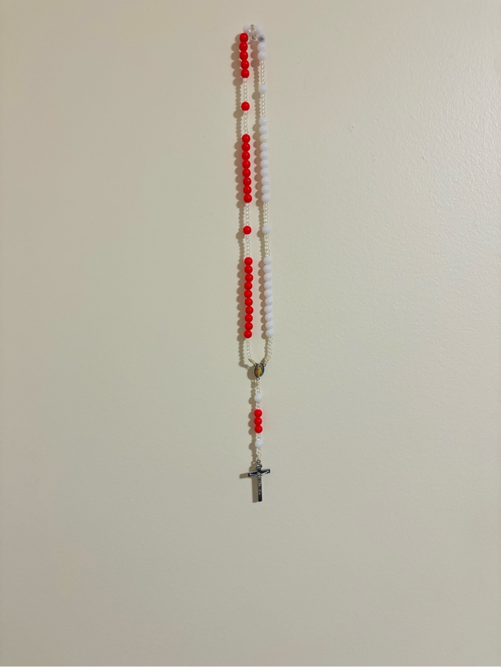 Red and White Beaded Rosary Necklace